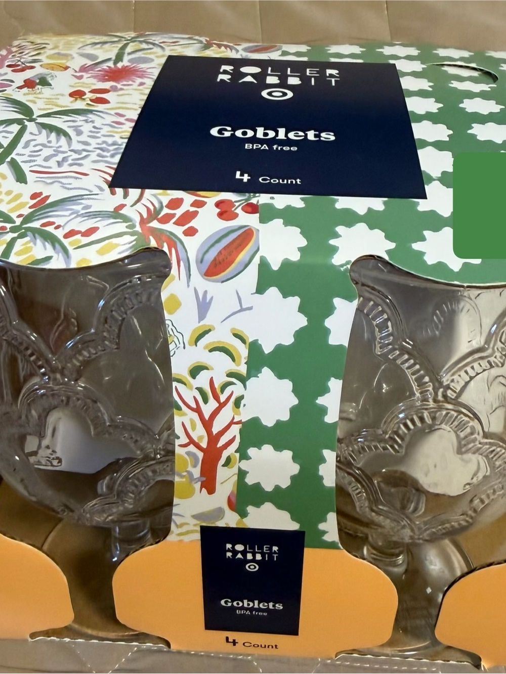 Roller Rabbit Clear Glass Goblets with Patterned Box Accents
